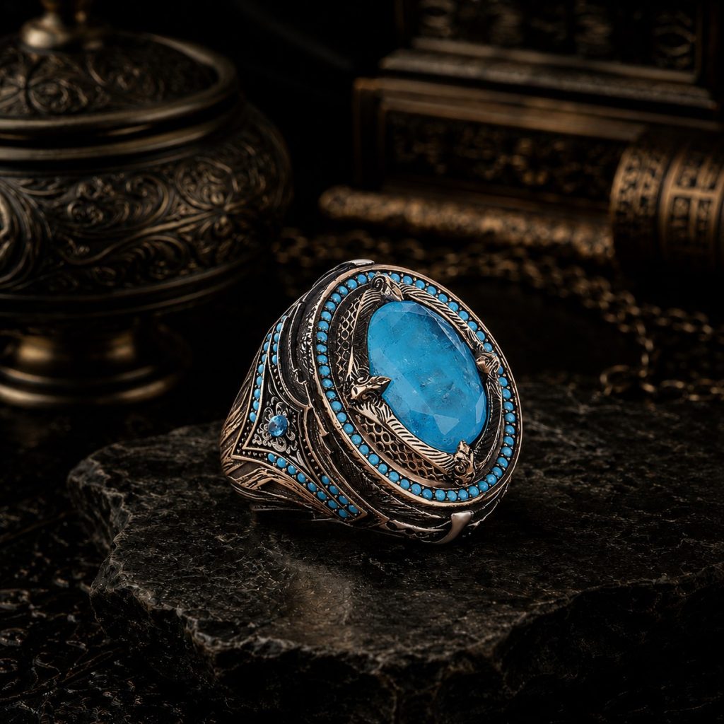 Aqua Taşlı, Heybetli, Ağır Kasa, 925 Ayar Gümüş Erkek Yüzük