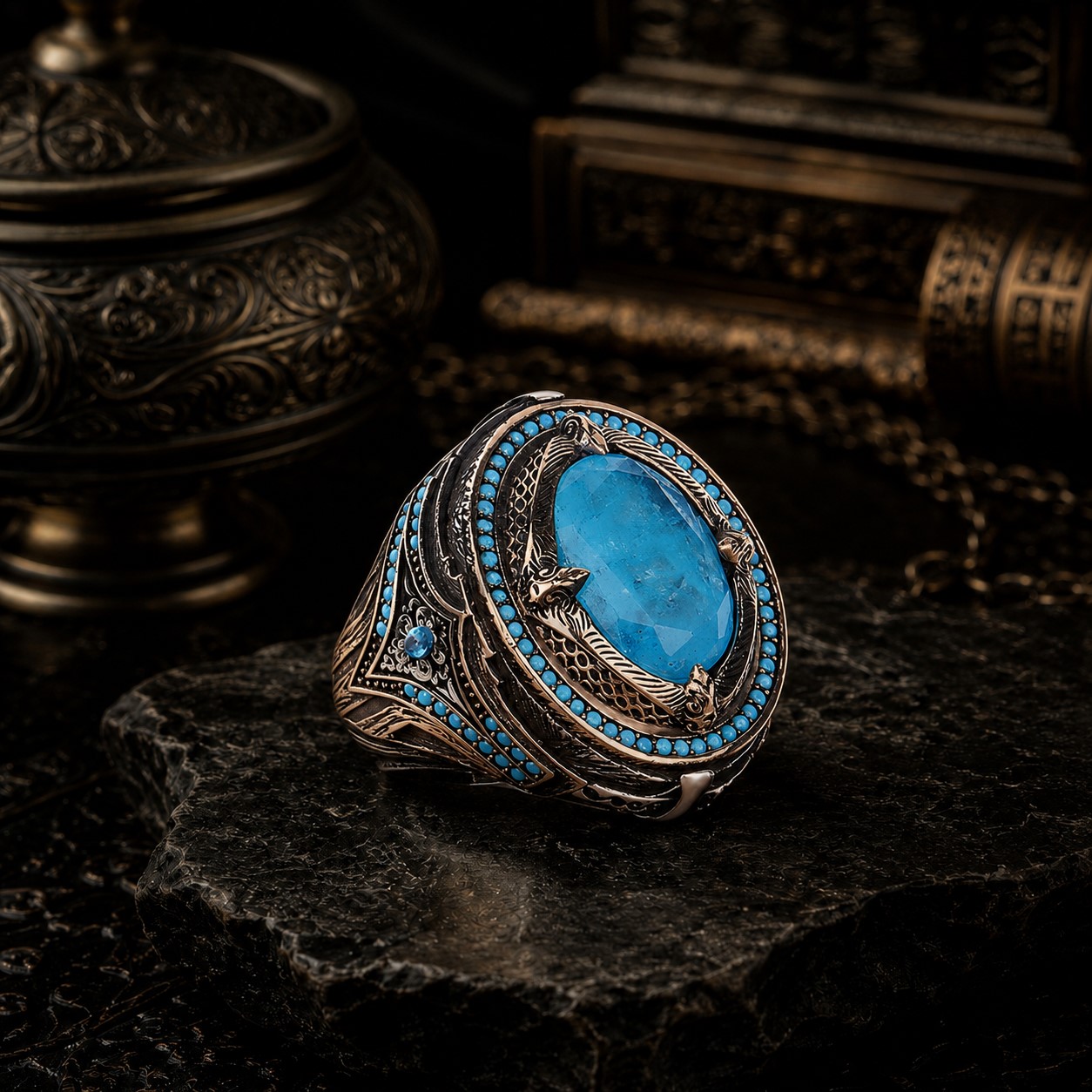 Aqua Taşlı, Heybetli, Ağır Kasa, 925 Ayar Gümüş Erkek Yüzük